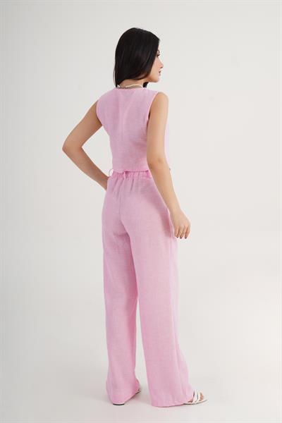 Keten Yelek Pantolon Pembe İkili Takım