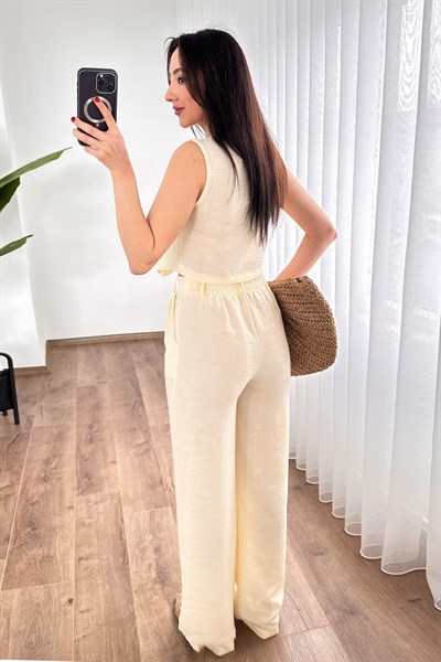 Keten Yelek Pantolon Sarı İkili Takım