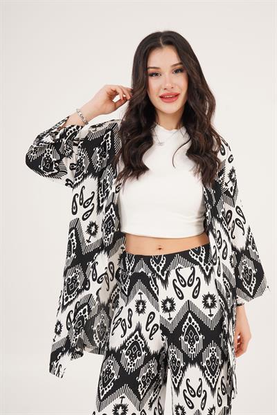 Siyah Beyaz Desenli Kimono ve Pantolon İkili Takım