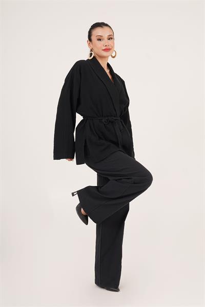 Bağlama Detaylı Ceket ve Bağlama Detay Pantolon Siyah İkili Takım
