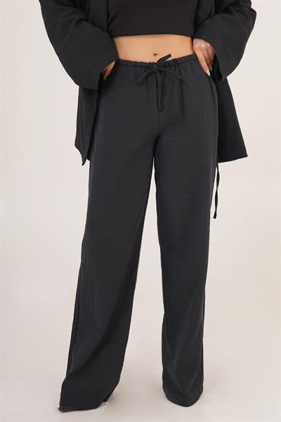 Bağlama Detaylı Ceket ve Bağlama Detay Pantolon Siyah İkili Takım