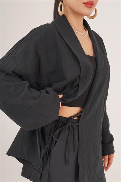 Bağlama Detaylı Ceket ve Bağlama Detay Pantolon Siyah İkili Takım