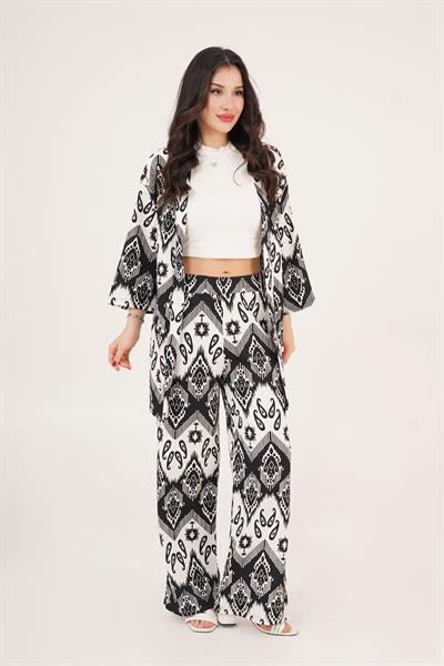 Siyah Beyaz Desenli Kimono ve Pantolon İkili Takım