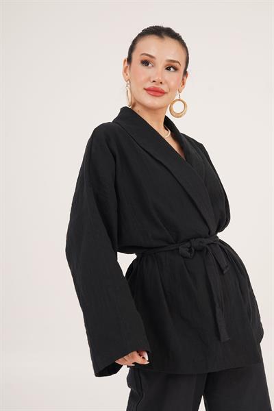 Bağlama Detaylı Ceket ve Bağlama Detay Pantolon Siyah İkili Takım