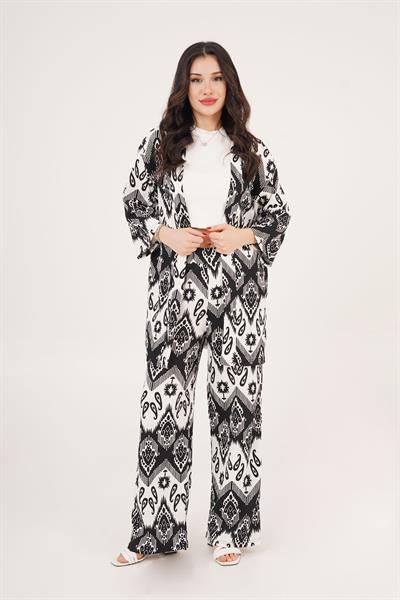 Siyah Beyaz Desenli Kimono ve Pantolon İkili Takım
