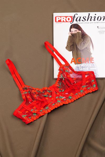 Kiraz Desenli Tüllü Kırmızı Bralet Takımı (Sütyen & Tanga)
