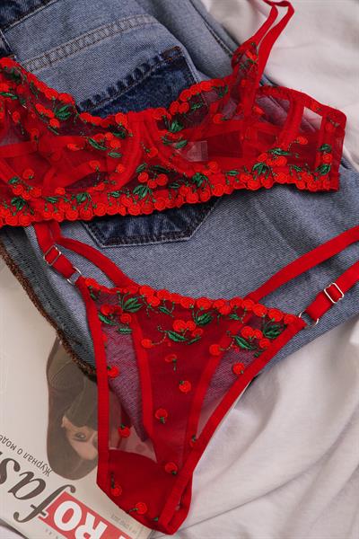 Kiraz Desenli Tüllü Kırmızı Bralet Takımı (Sütyen & Tanga)