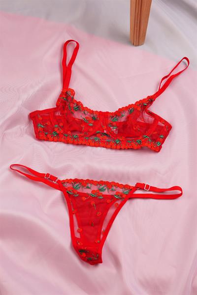 Kiraz Desenli Tüllü Kırmızı Bralet Takımı (Sütyen & Tanga)