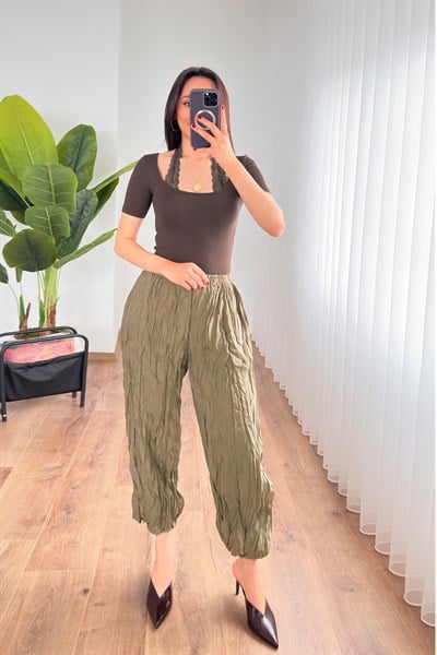 Kırışık Kumaş Balon Haki Şalvar Pantolon