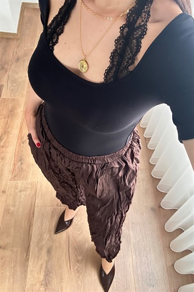 Kırışık Kumaş Balon Kahve Şalvar Pantolon