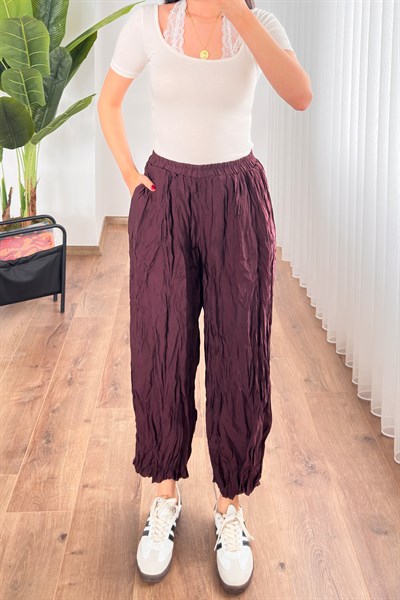 Kırışık Kumaş Balon Mürdüm Şalvar Pantolon