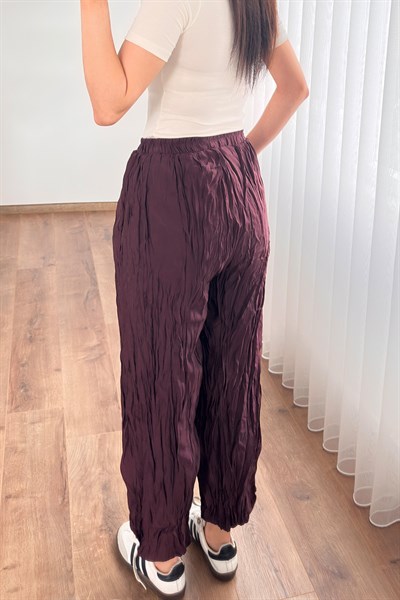 Kırışık Kumaş Balon Mürdüm Şalvar Pantolon