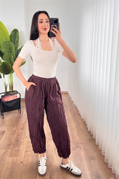 Kırışık Kumaş Balon Mürdüm Şalvar Pantolon
