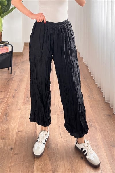 Kırışık Kumaş Balon Siyah Şalvar Pantolon