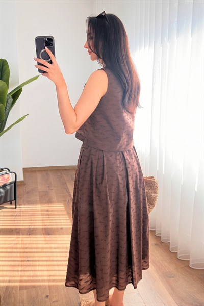 Kirpik Dokulu Bluz Etek Kahve Elegant Takım