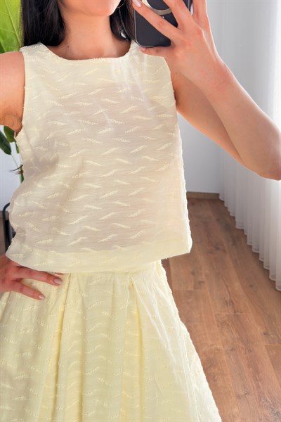 Kirpik Dokulu Bluz Etek Sarı Elegant Takım