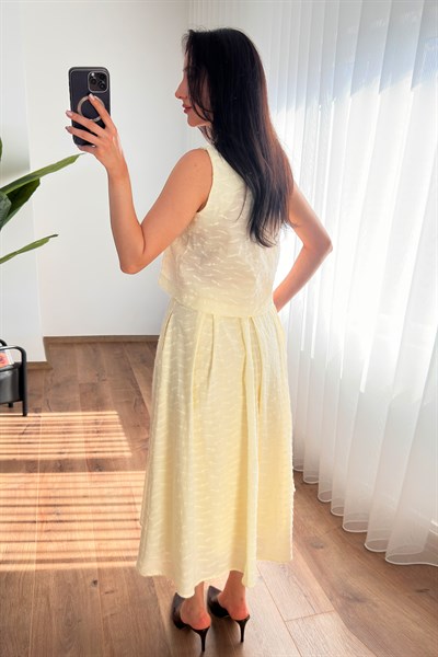 Kirpik Dokulu Bluz Etek Sarı Elegant Takım
