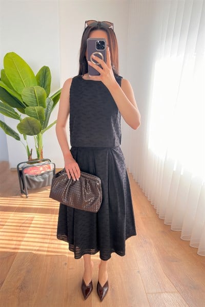 Kirpik Dokulu Bluz Etek Siyah Elegant Takım
