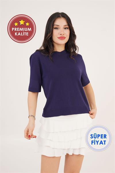 Kısa Kol Bisiklet Yaka Basic Lacivert Bluz