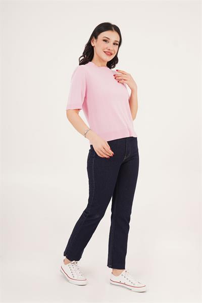 Kısa Kol Bisiklet Yaka Basic Pembe Bluz