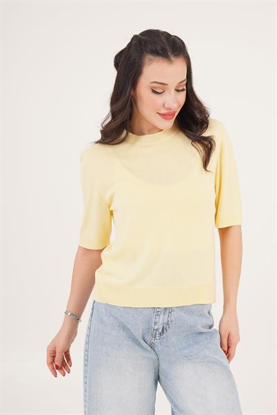 Kısa Kol Bisiklet Yaka Basic Sarı Bluz