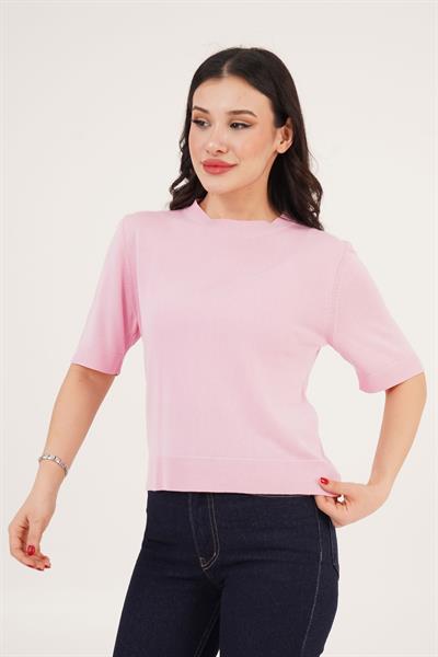Kısa Kol Bisiklet Yaka Basic Pembe Bluz