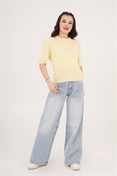 Kısa Kol Bisiklet Yaka Basic Sarı Bluz