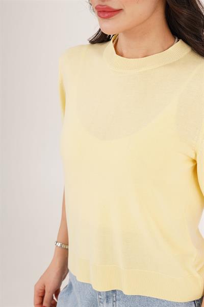Kısa Kol Bisiklet Yaka Basic Sarı Bluz