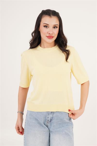 Kısa Kol Bisiklet Yaka Basic Sarı Bluz