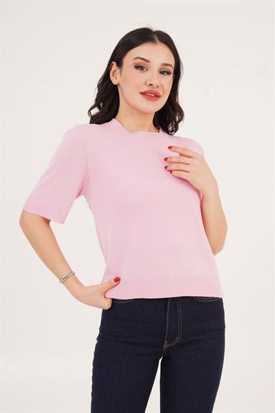 Kısa Kol Bisiklet Yaka Basic Pembe Bluz