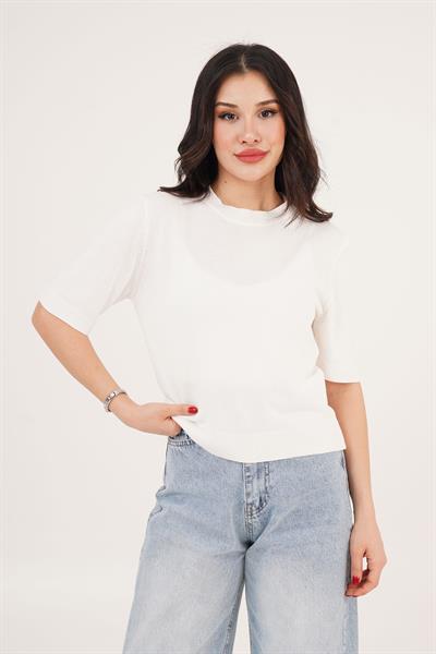Kısa Kol Bisiklet Yaka Basic Beyaz Bluz