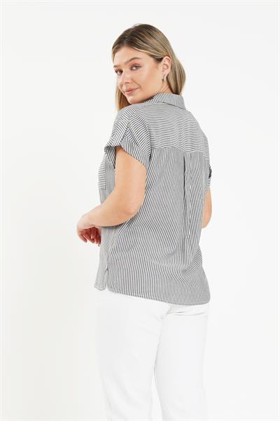 Kısa Kol Çizgili Antrasit Gömlek