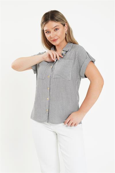 Kısa Kol Çizgili Antrasit Gömlek