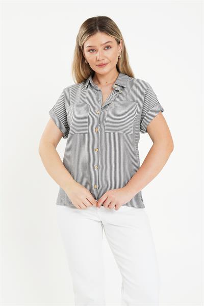 Kısa Kol Çizgili Antrasit Gömlek