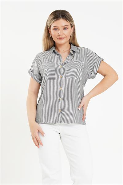 Kısa Kol Çizgili Antrasit Gömlek