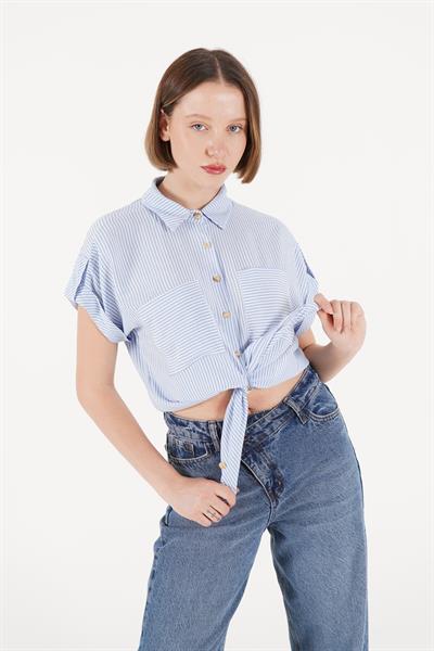 Kısa Kol Çizgili Bebe Mavisi Gömlek