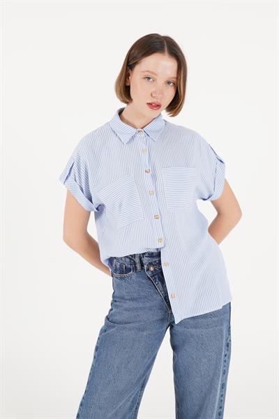Kısa Kol Çizgili Bebe Mavisi Gömlek