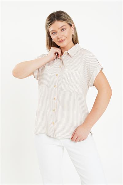 Kısa Kol Çizgili Camel Gömlek