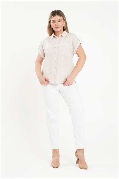 Kısa Kol Çizgili Camel Gömlek