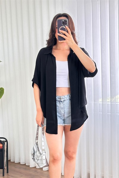 Kısa Kol Krinkıl Basic Kimono Siyah Bluz