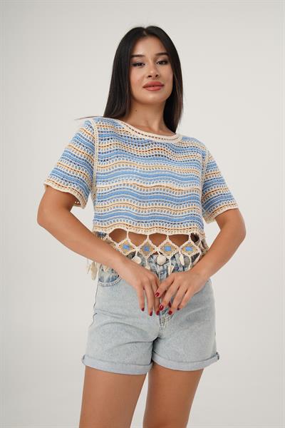 Kısa Kol Örgü Model Mavi Crop