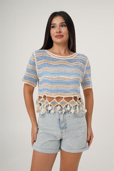 Kısa Kol Örgü Model Mavi Crop