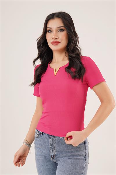 Kısa Kollu Yaka Detaylı Fuşya Kaşkorse Bluz