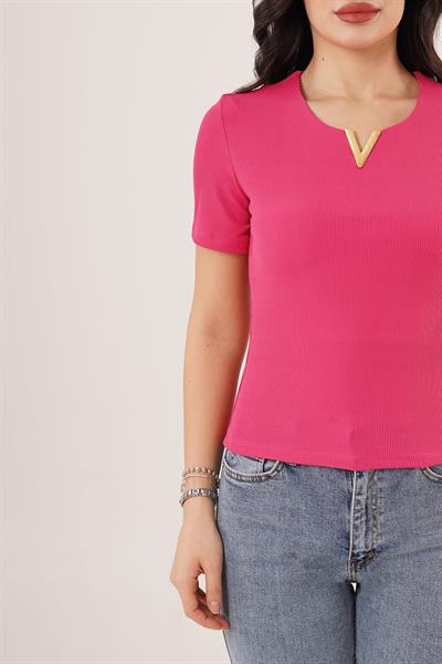 Kısa Kollu Yaka Detaylı Fuşya Kaşkorse Bluz