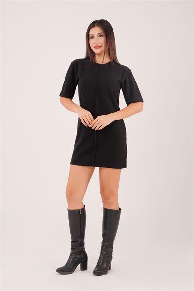 Kısa Kol Selanik Kumaş Siyah Kısa Elbise