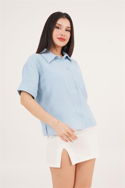 Kısa Kol Tek Cep Müslin Bebe Mavisi Gömlek