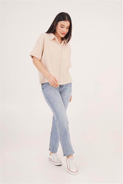 Kısa Kol Tek Cep Müslin Bej Gömlek