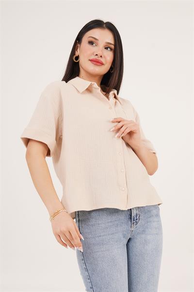 Kısa Kol Tek Cep Müslin Bej Gömlek