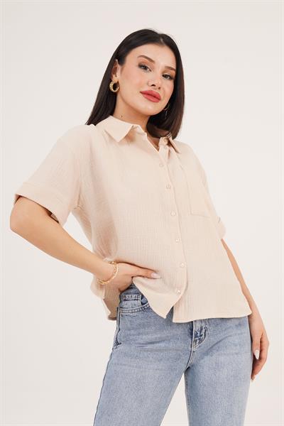 Kısa Kol Tek Cep Müslin Bej Gömlek