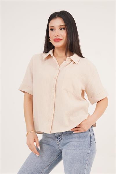 Kısa Kol Tek Cep Müslin Bej Gömlek